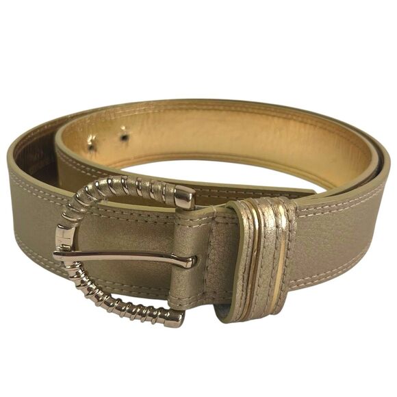 Nine West Vintage Gold Leather Belt Medium 80s Disco Glam Shiny Fashion Glam - Picture 1 of 8